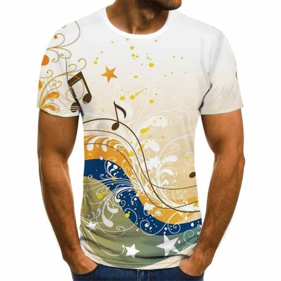 Men's Graphic Print T-Shirt Musical Notes Design Crew Neck - Short Sleeve - Picture 2 of 3